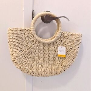 Rattan woven straw beach bag purse top handle
